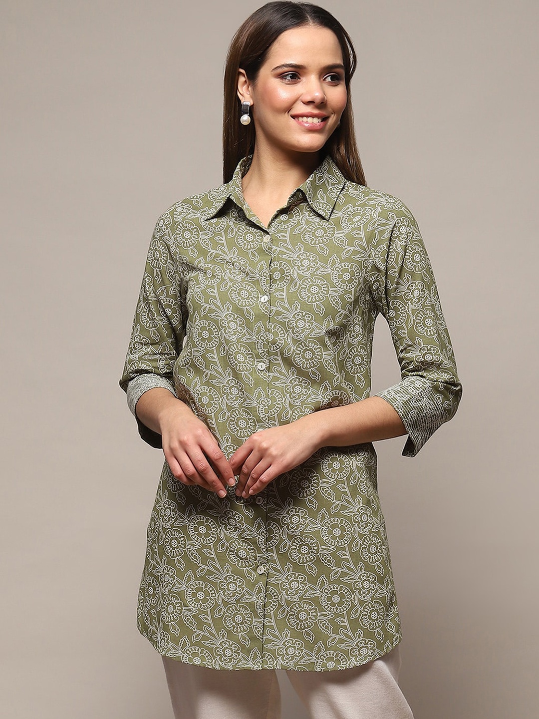 

Biba Floral Printed Shirt Collar Cotton Tunic, Olive