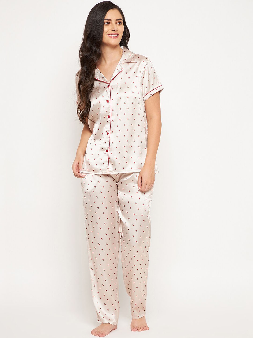 

Clovia Floral Printed Satin Night Suit, Off white