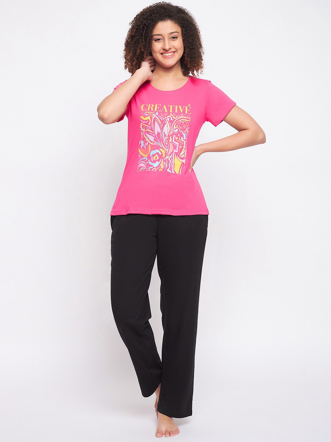 

Clovia Pink Graphic Printed Pure Cotton Night Suit