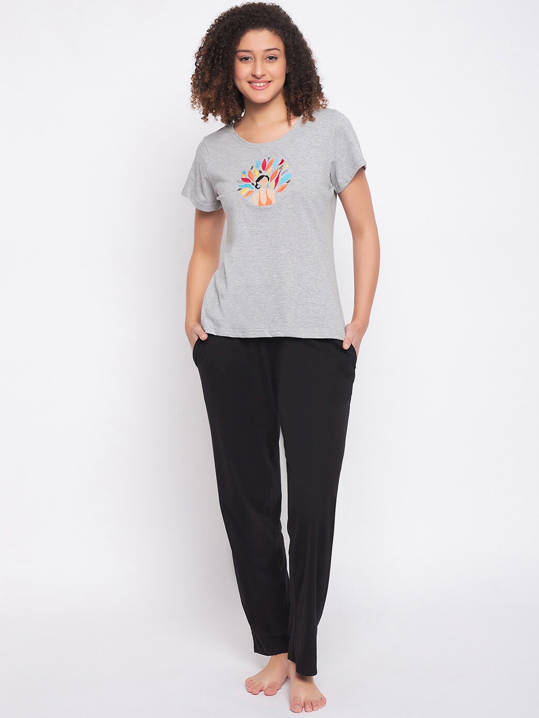 

Clovia Grey Embroidered Pure Cotton Night suit