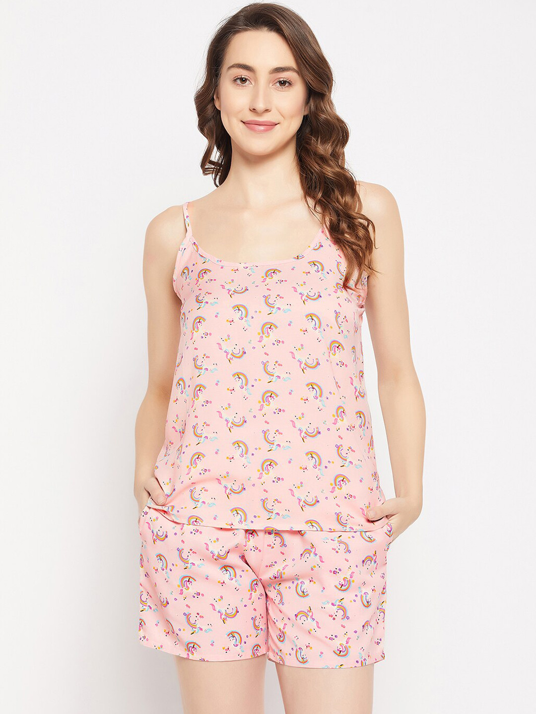 

Clovia Pink Graphic Printed Shoulder Strap Night suit