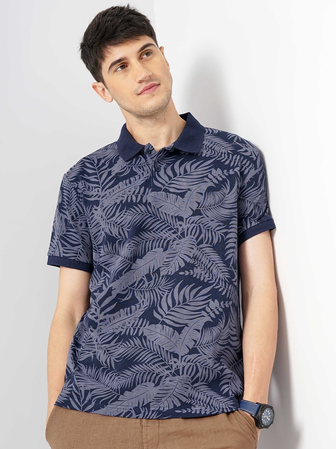 

Celio Polo Collar Short Sleeves Floral Printed Regular Fit Cotton T-shirt, Navy blue