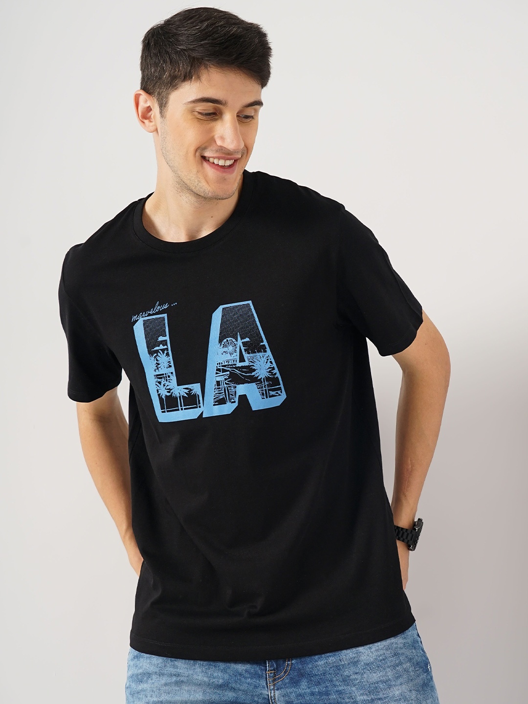 

Celio Round Neck Short Sleeves Typography Printed Regular Fit Cotton T-shirt, Black