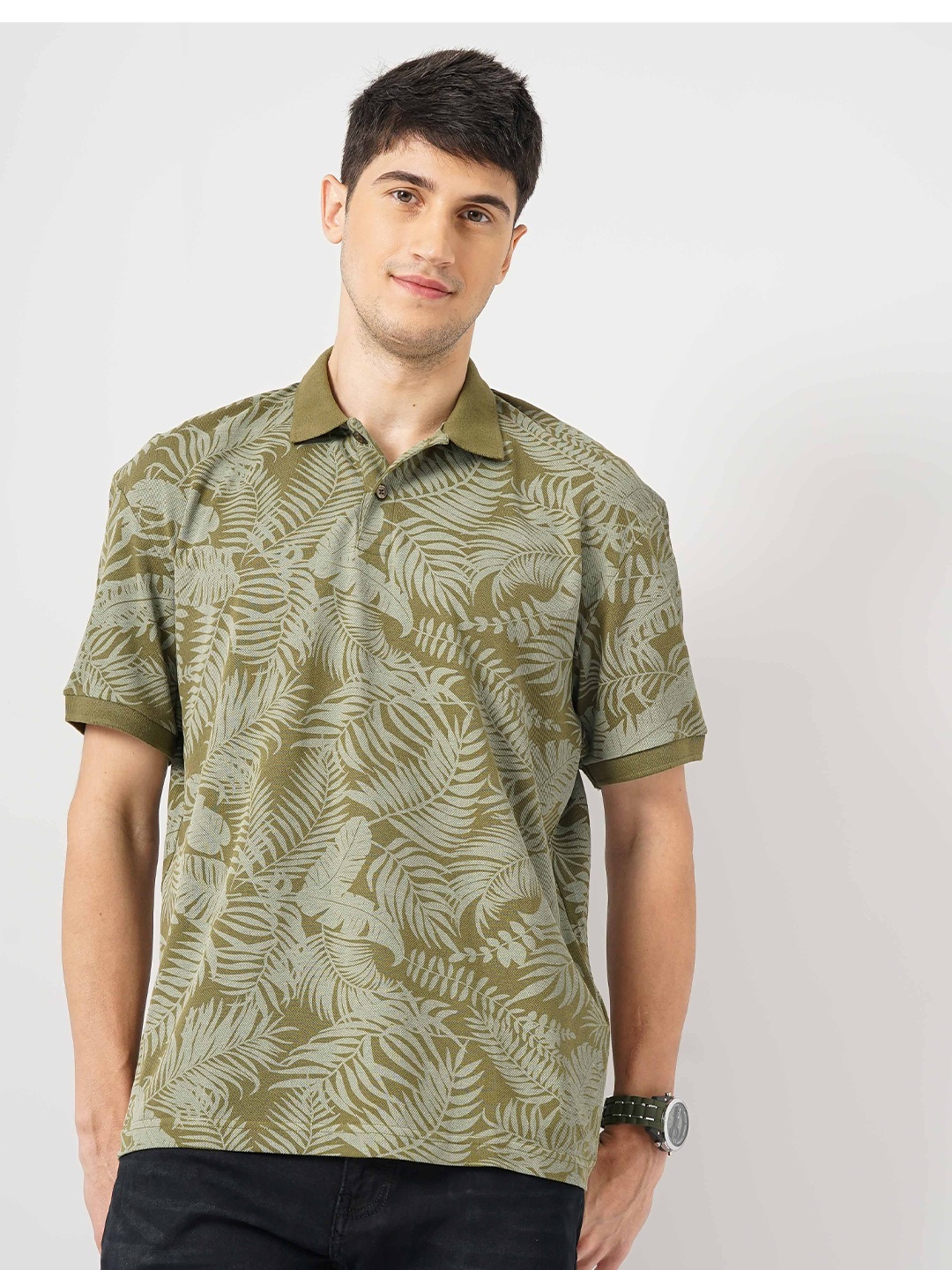 

Celio Floral Printed Polo Collar Short Sleeves Regular Fit Tropical Cotton T-shirt, Khaki