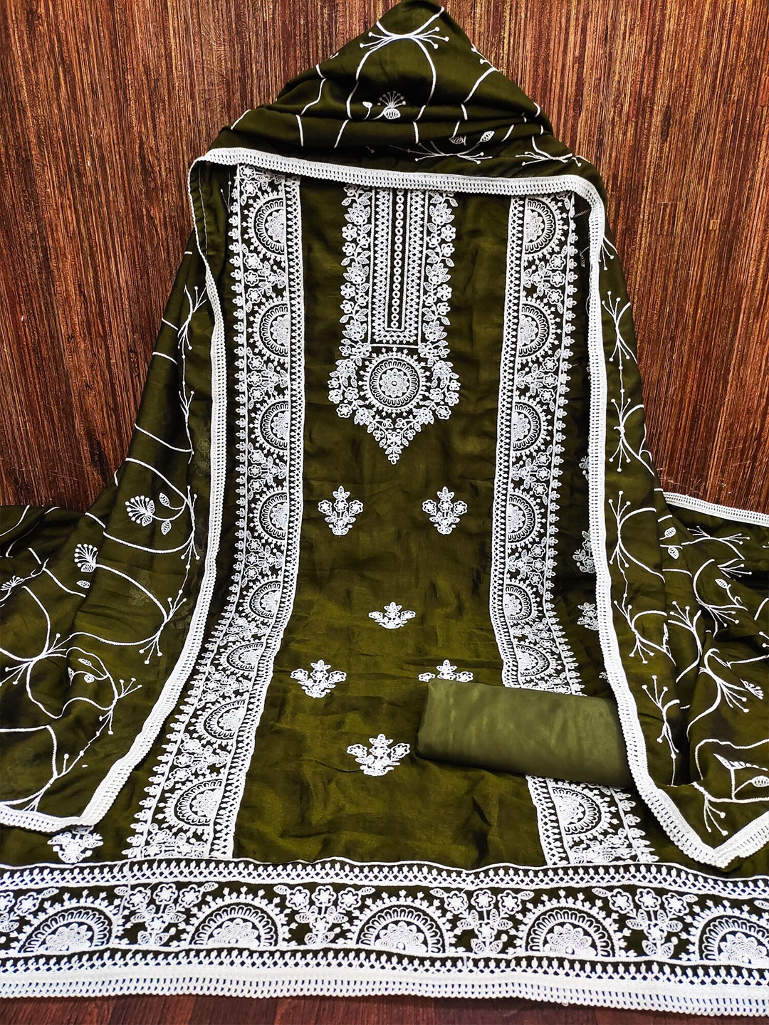 

LeeliPeeri Designer Embroidered Unstitched Dress Material, Olive