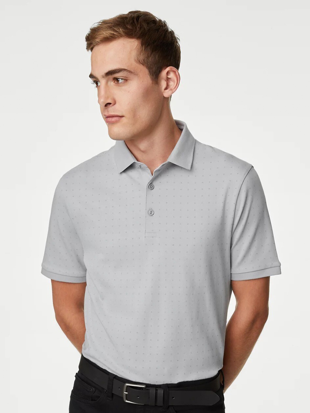 

Marks & Spencer Micro Ditsy Printed Polo Collar Pure Cotton T-shirt, Grey
