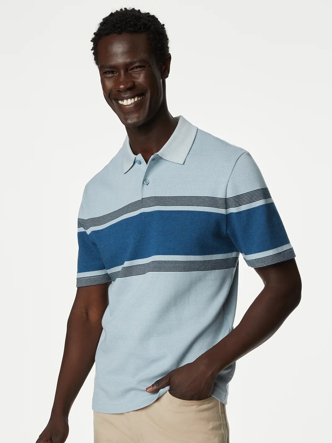 

Marks & Spencer Striped Polo Collar Pure Cotton T-shirt, Blue