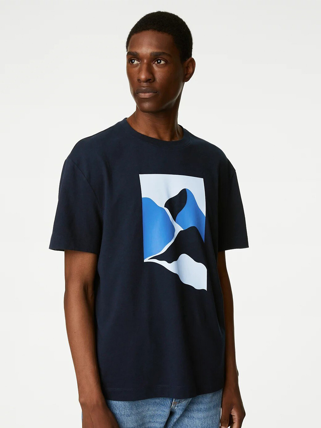 

Marks & Spencer Graphic Printed Drop-Shoulder Sleeves Pure Cotton T-shirt, Navy blue