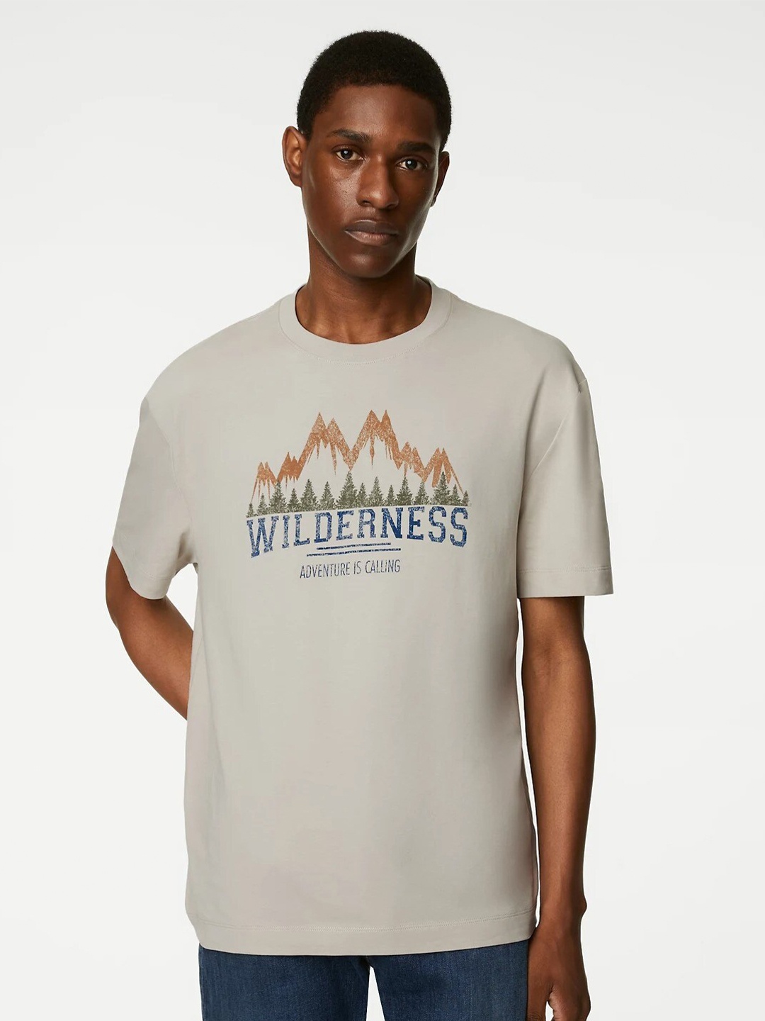

Marks & Spencer Typography Printed Relaxed Fit Pure Cotton T-shirt, Beige