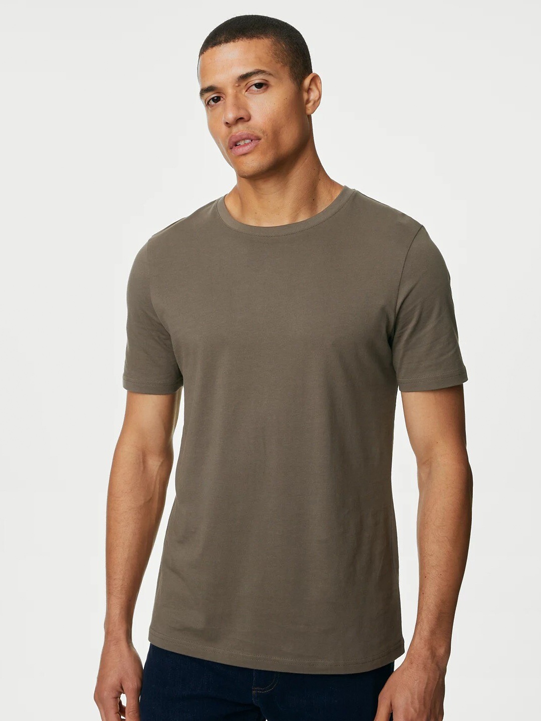 

Marks & Spencer Round Neck Pure Cotton Casual T-shirt, Brown