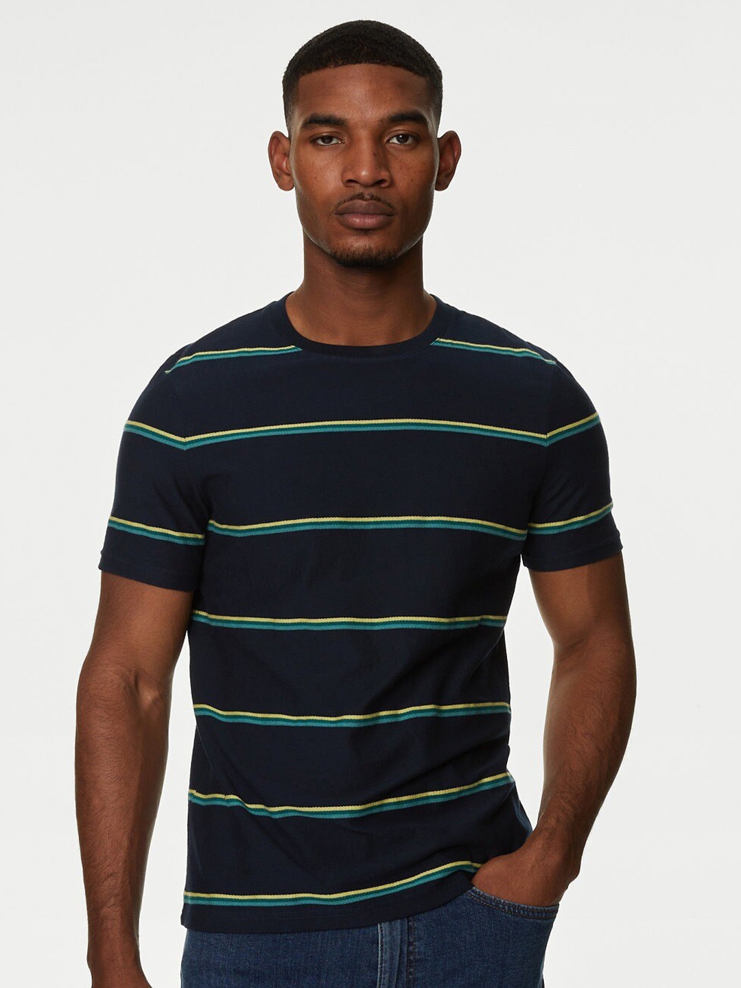 

Marks & Spencer Striped Pure Cotton T-shirt, Navy blue