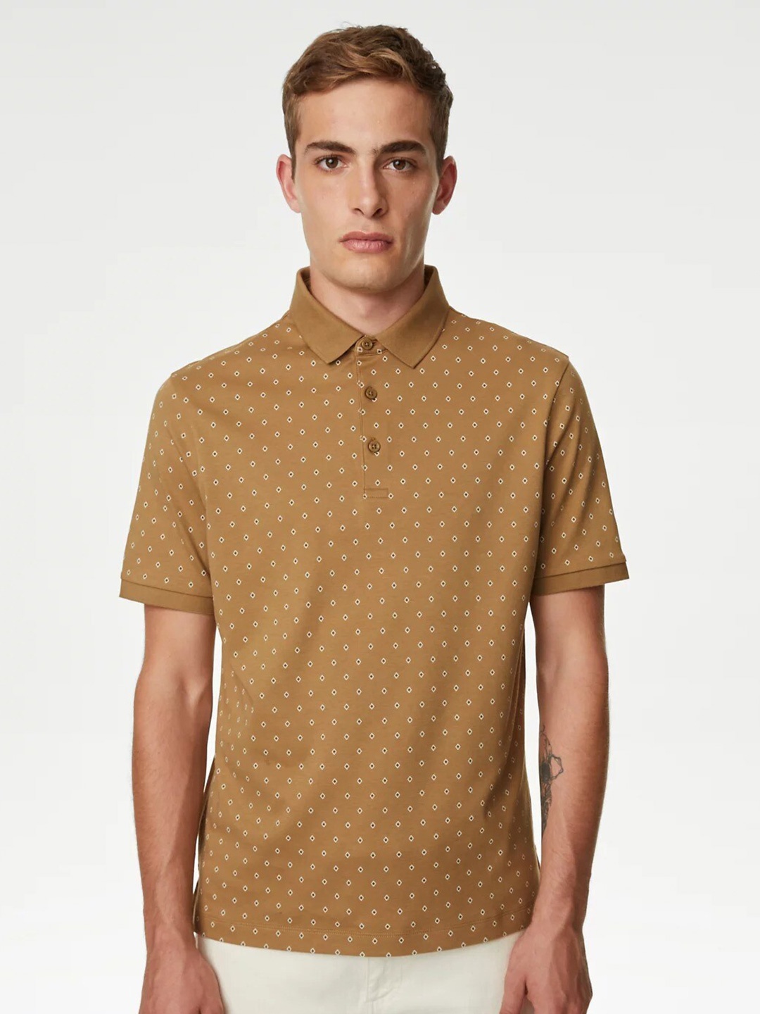 

Marks & Spencer Geometric Printed Polo Collar Pure Cotton T-shirt, Mustard