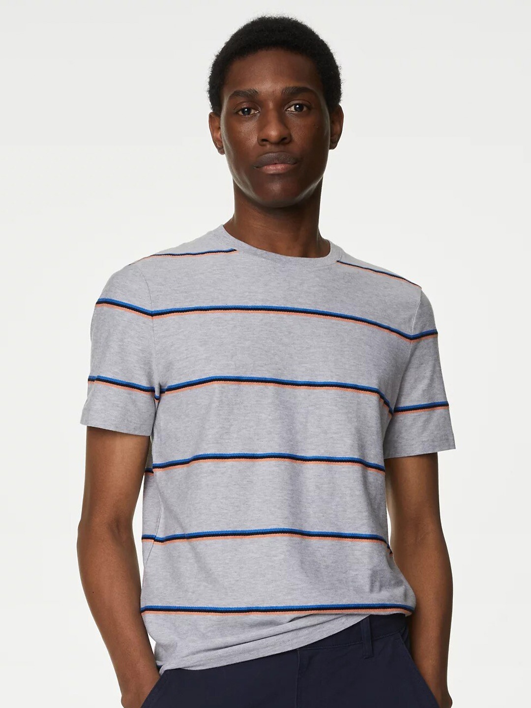 

Marks & Spencer Striped Pure Cotton T-shirt, Grey