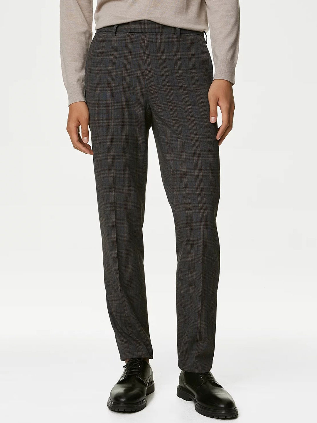 

Marks & Spencer Men Checked Regular Trousers, Grey