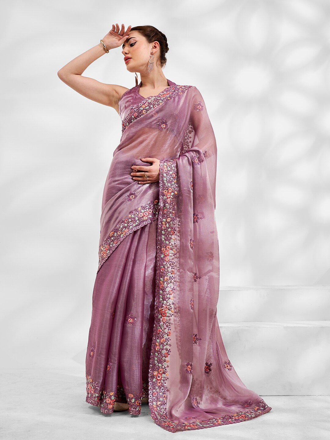 

Kalista Lavender Embellished Embroidered Tissue Saree
