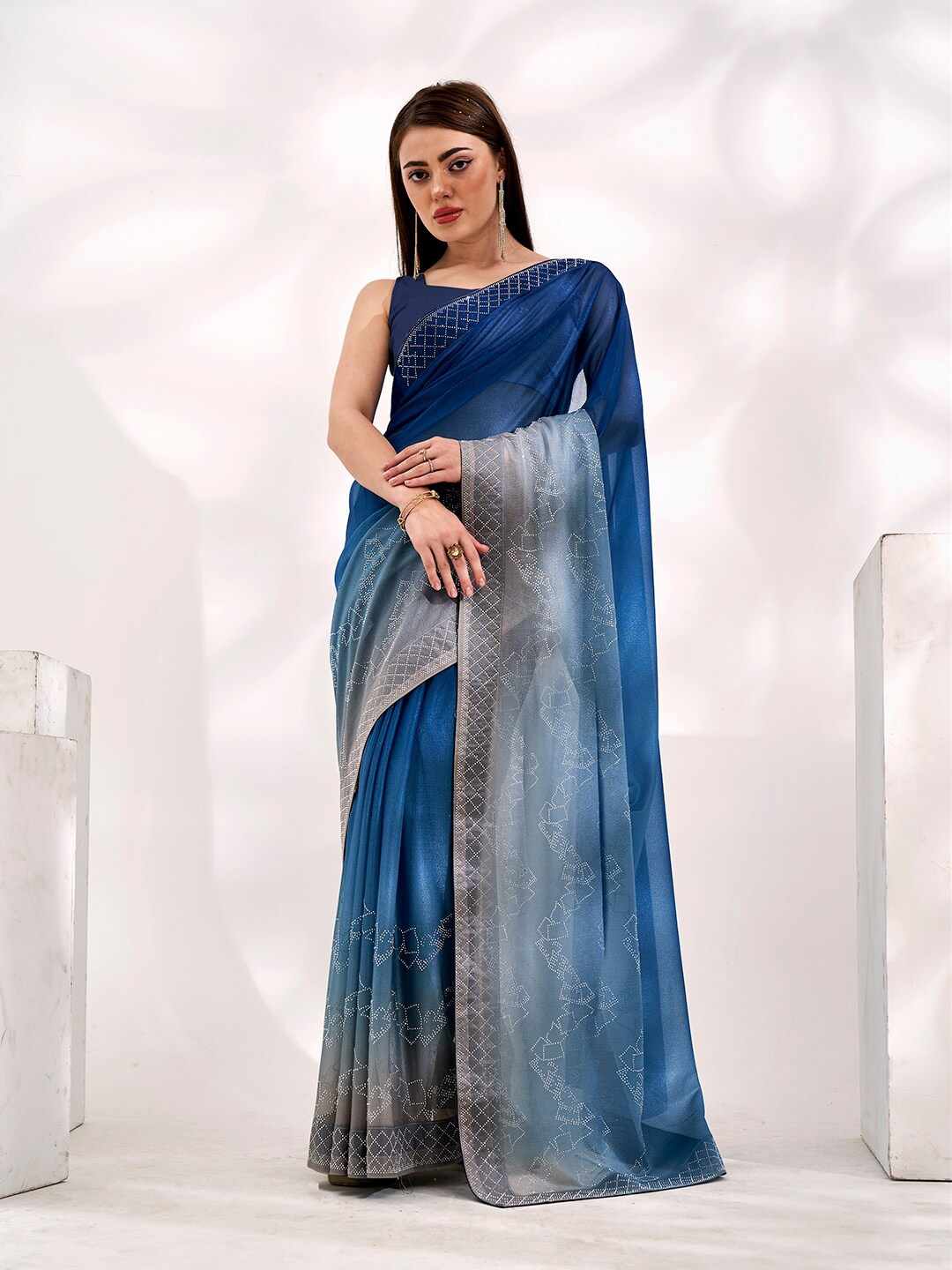 

Kalista Navy & Silver Toned Ombre Embellished Beads and Stones Saree, Navy blue