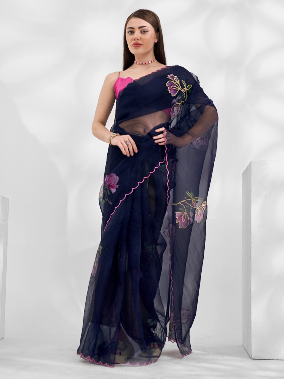 

Kalista Blue Floral Printed Embroidered Organza Saree