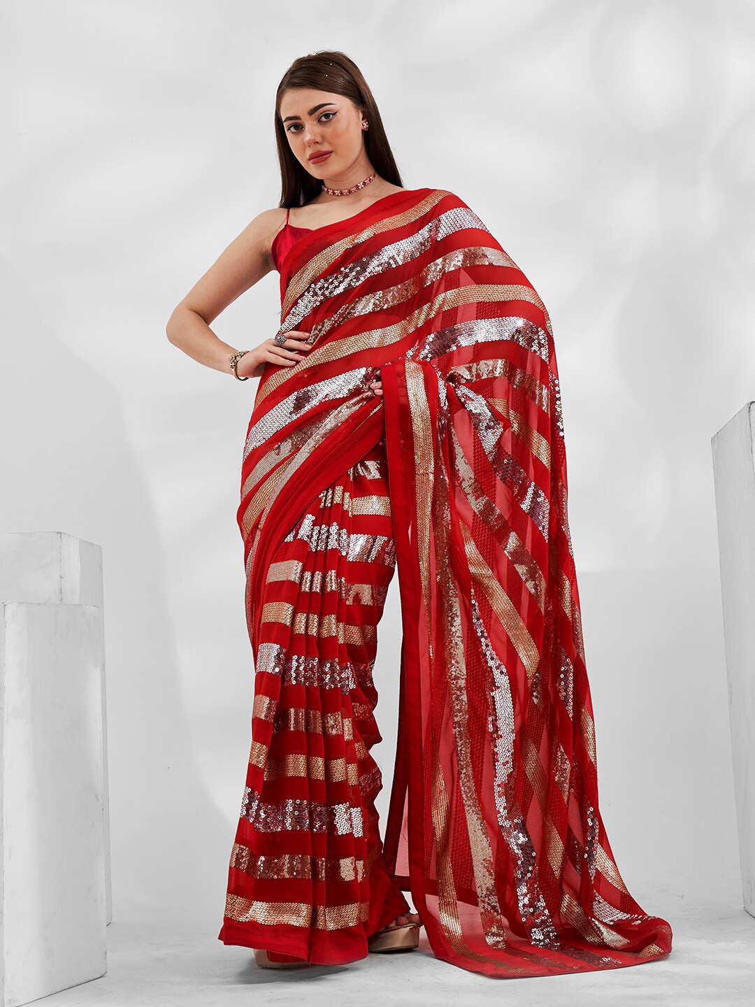 

Kalista Red Embellished Sequinned Pure Georgette Saree