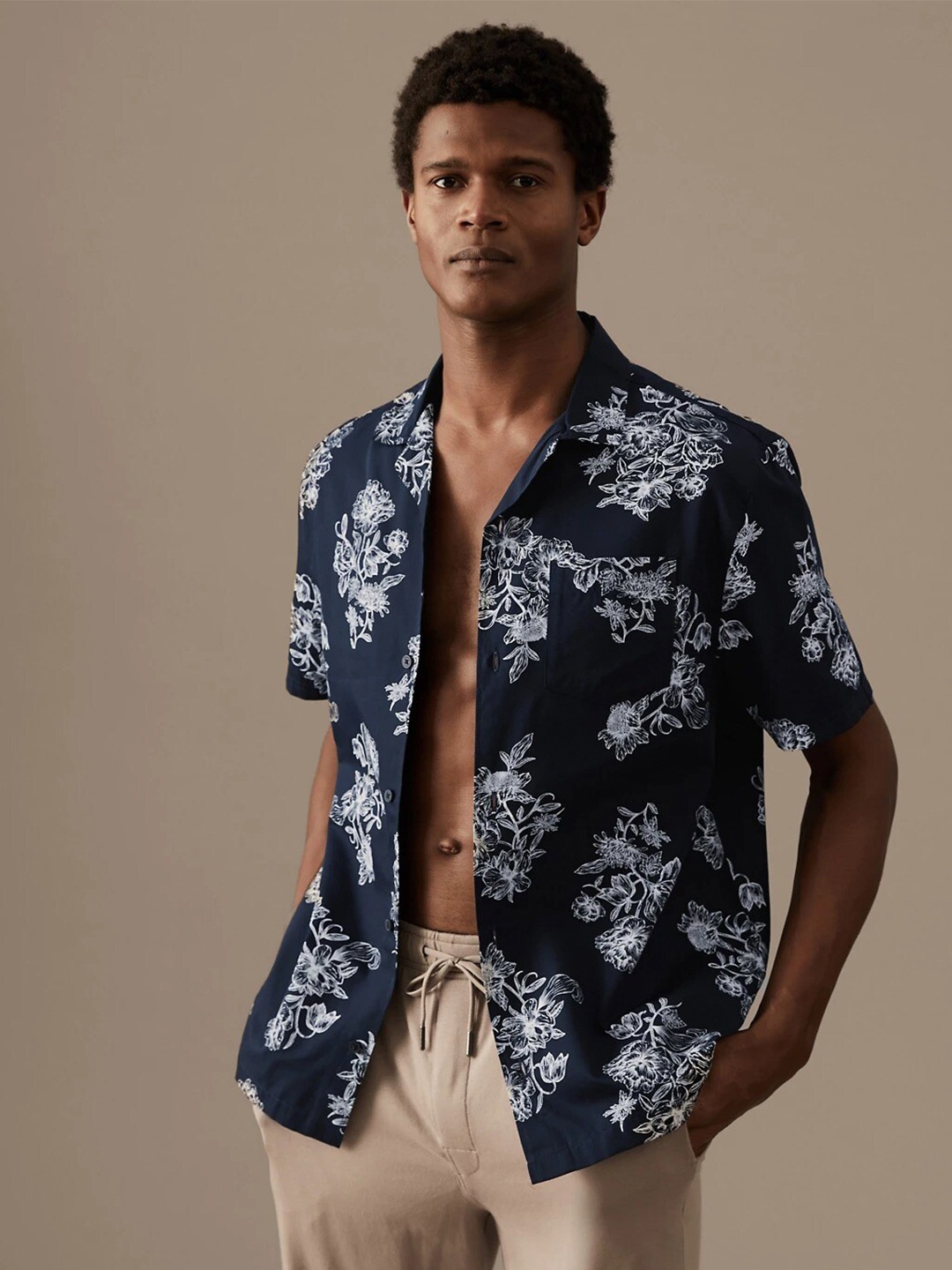 

Marks & Spencer Floral Printed Cuban Collar Cotton Lyocell Casual Shirt, Navy blue