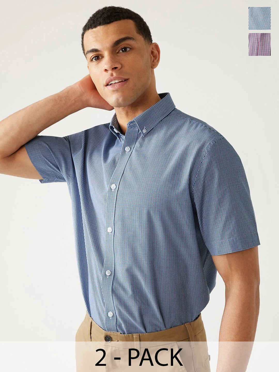 

Marks & Spencer Pack Of 2 Checked Button-Down Collar Cotton Casual Shirts, Blue