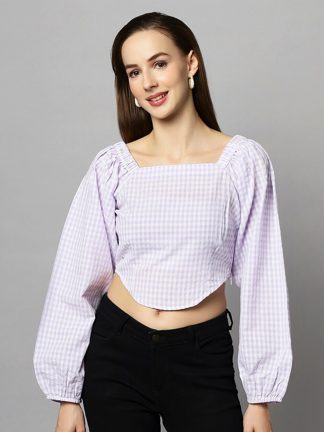 

DressBerry Square Neck Checked Puff Sleeve Cotton Crop Top, Lavender