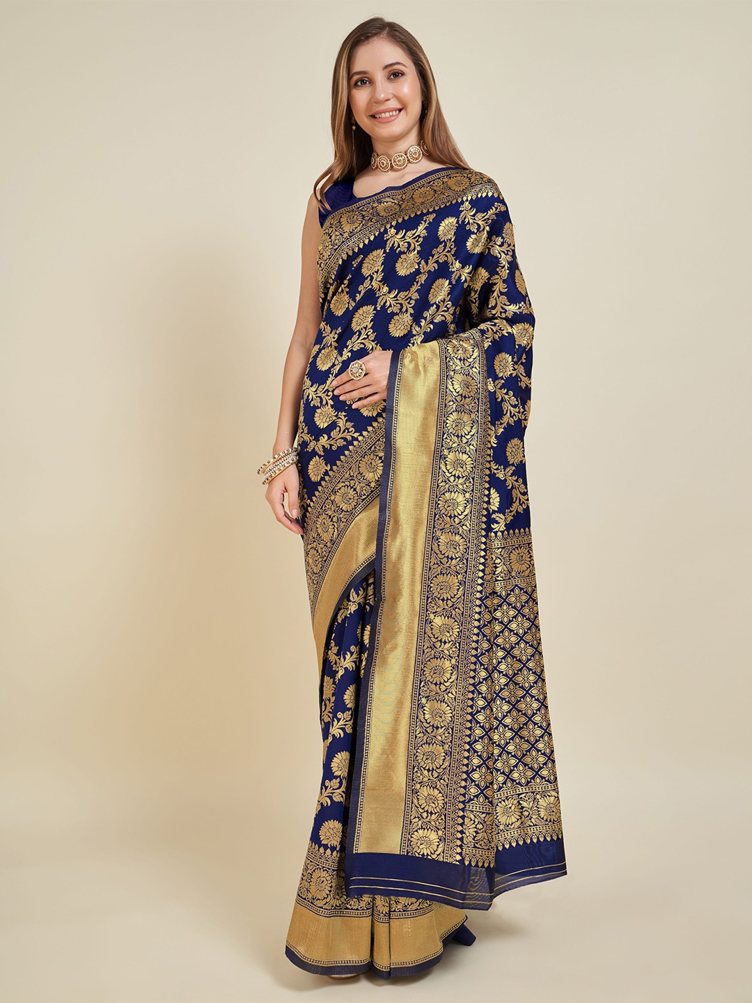 

bansari textiles Floral Woven Design Zari Art Silk Kanjeevaram Saree, Navy blue