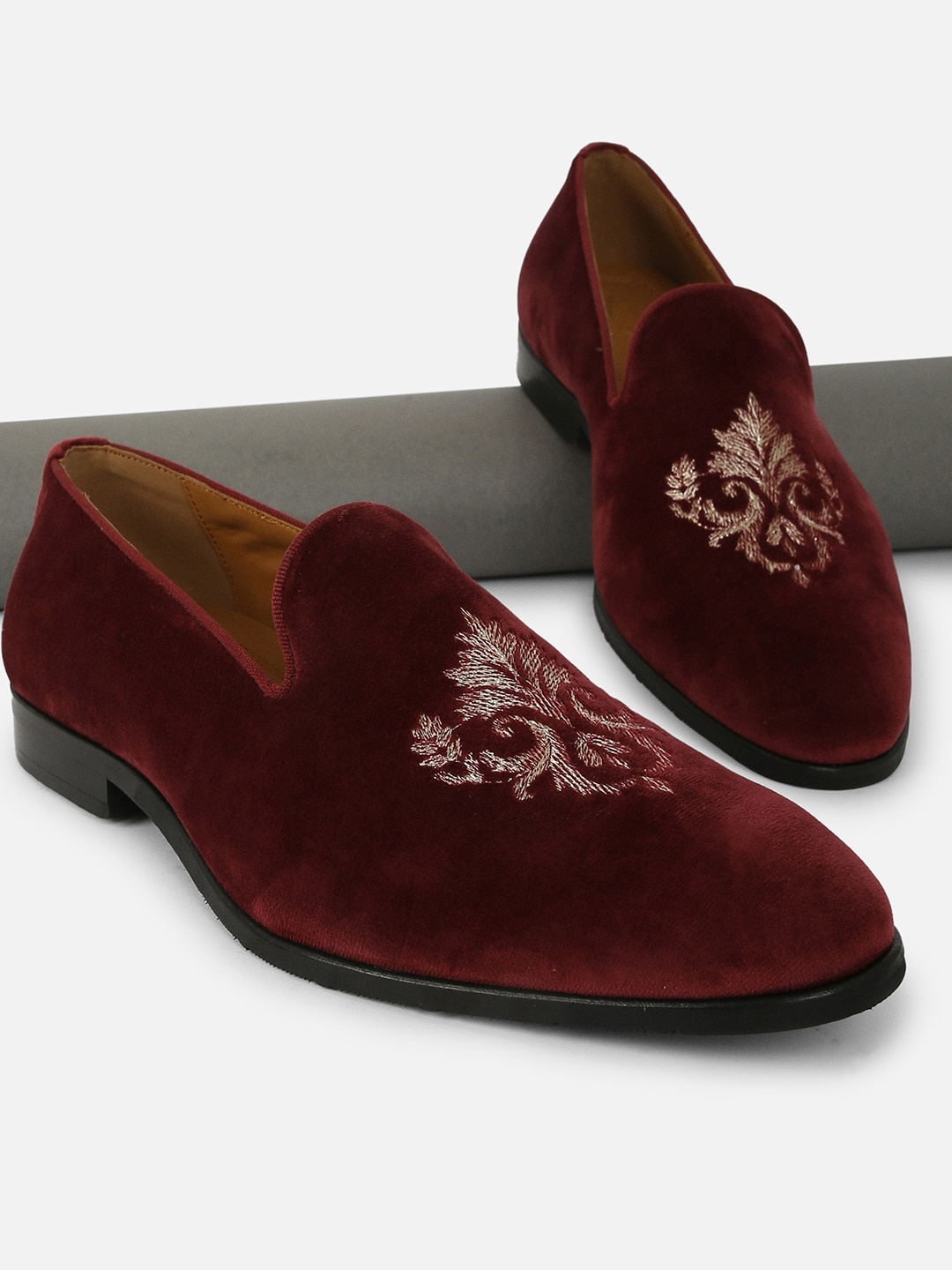 

Louis Philippe Men Embroidered Leather Loafers, Maroon