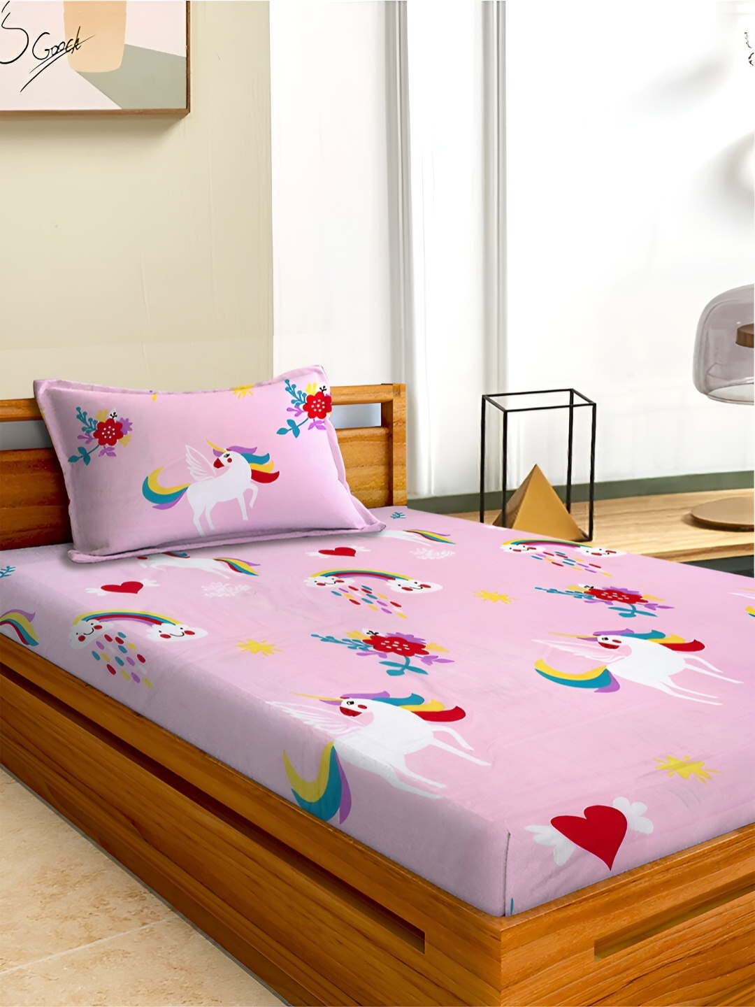 

Aura Pink Cartoon Characters Microfiber 180 TC Single Bedsheet with 1 Pillow Covers