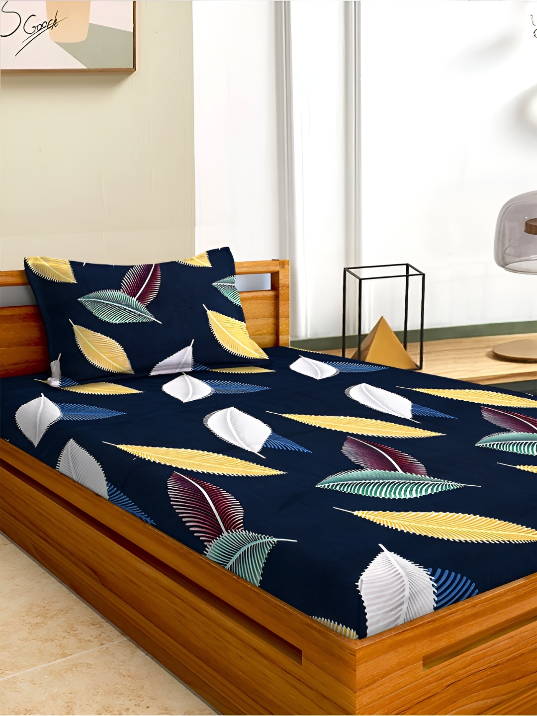 

Aura Blue Floral Printed Microfiber Fitted 180 TC Single Bedsheet with 1 Pillow Covers