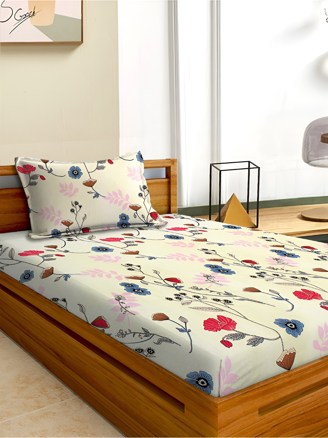 

Aura Cream-Coloured & Blue Floral Microfiber 180 TC Single Bedsheet with 1 Pillow Covers