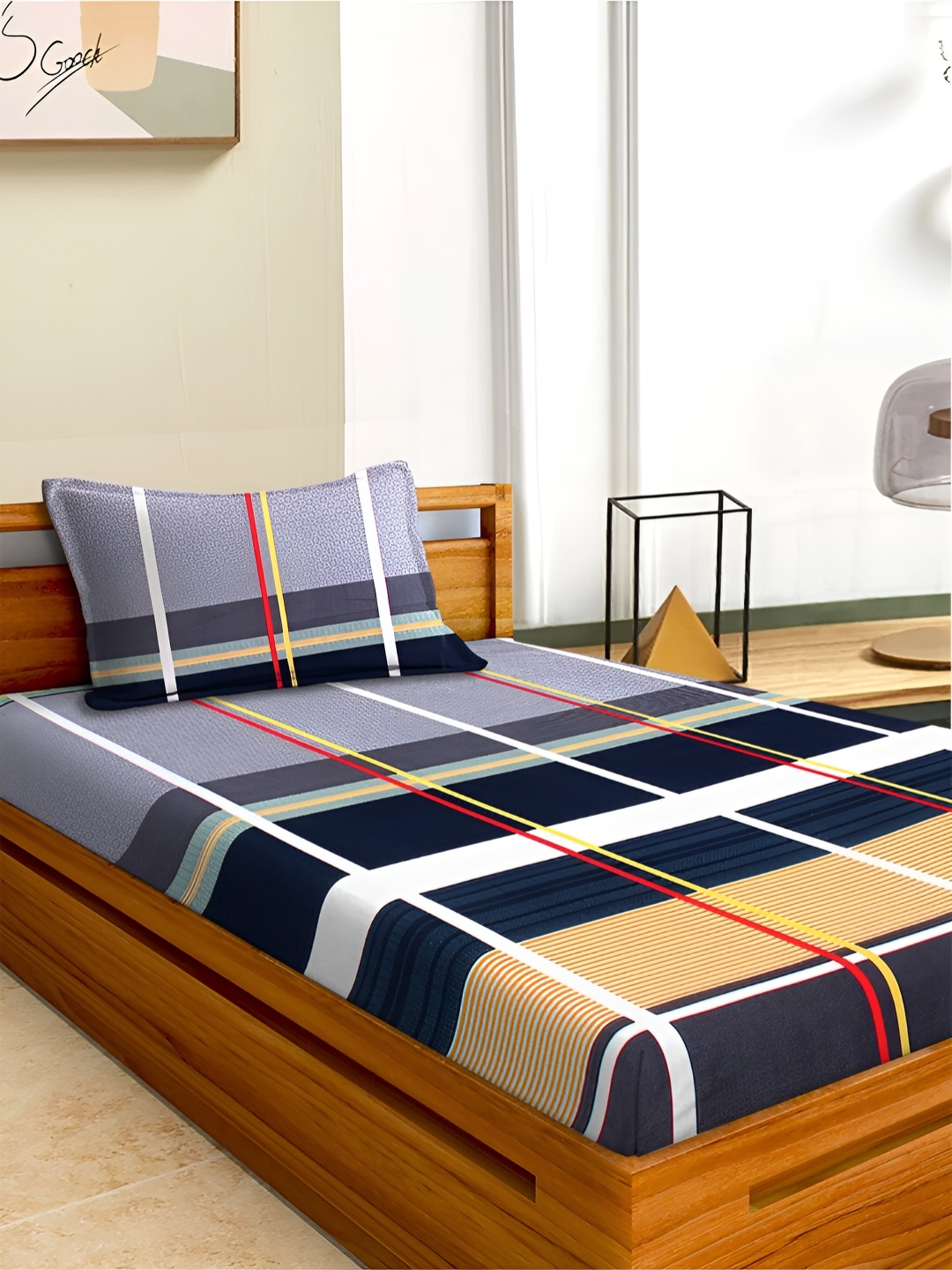 

Aura Blue & White Geometric Microfiber 180 TC Single Bedsheet with 1 Pillow Covers