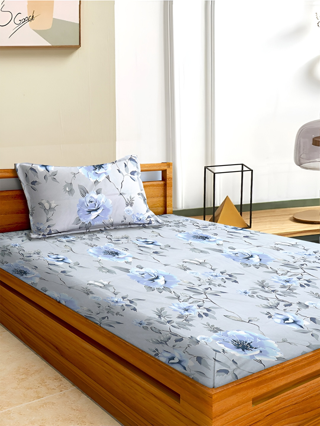

Aura Grey & Blue Floral 180 TC Microfiber Single Bedsheet with 1 Pillow Covers