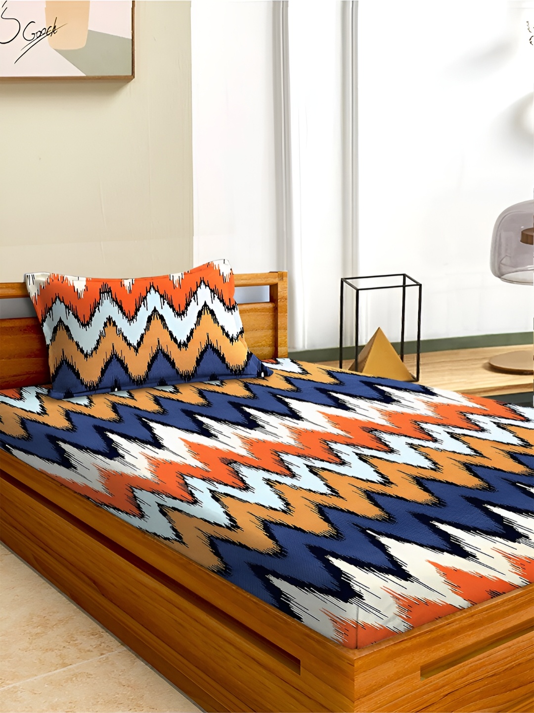 

Aura Blue & White Geometric Microfiber 180 TC Single Bedsheet with 1 Pillow Covers