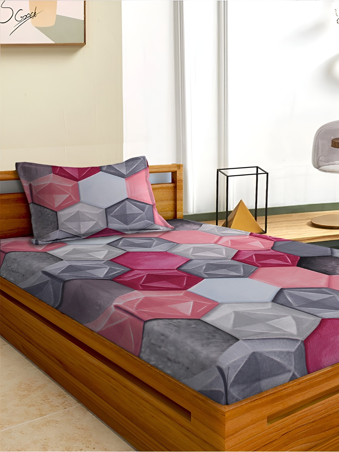 

Aura Pink & Grey Geometric Microfiber 180 TC Single Bedsheet with 1 Pillow Covers