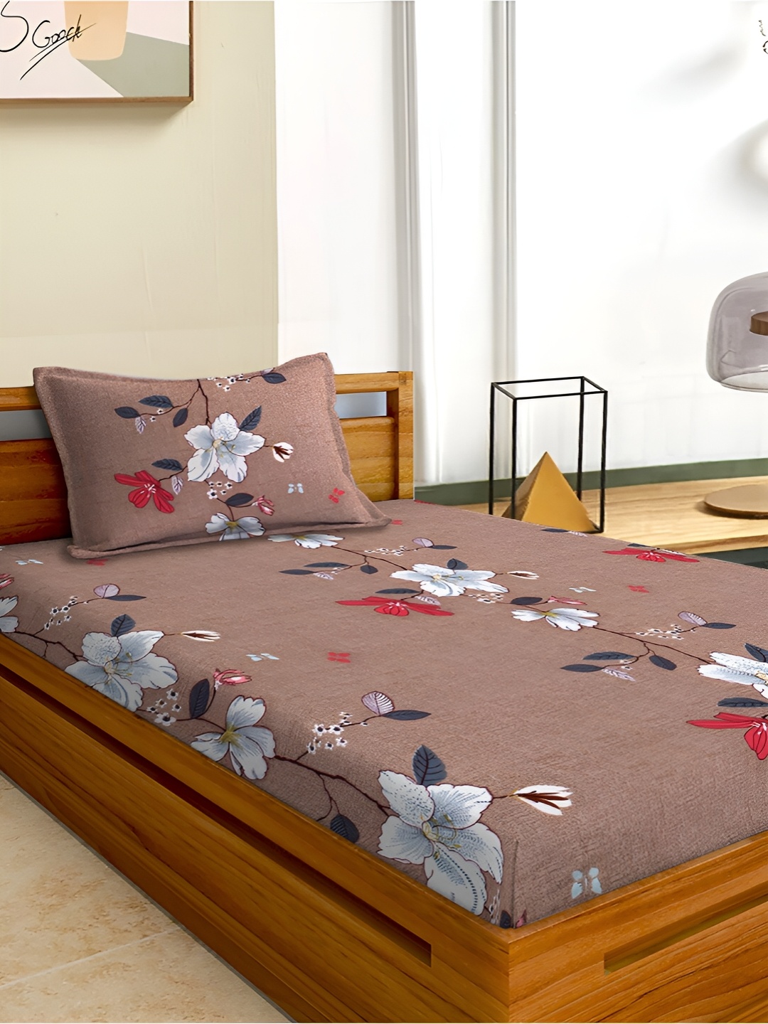 

Aura Brown & White Floral 180 TC Microfiber Single Bedsheet with 1 Pillow Covers