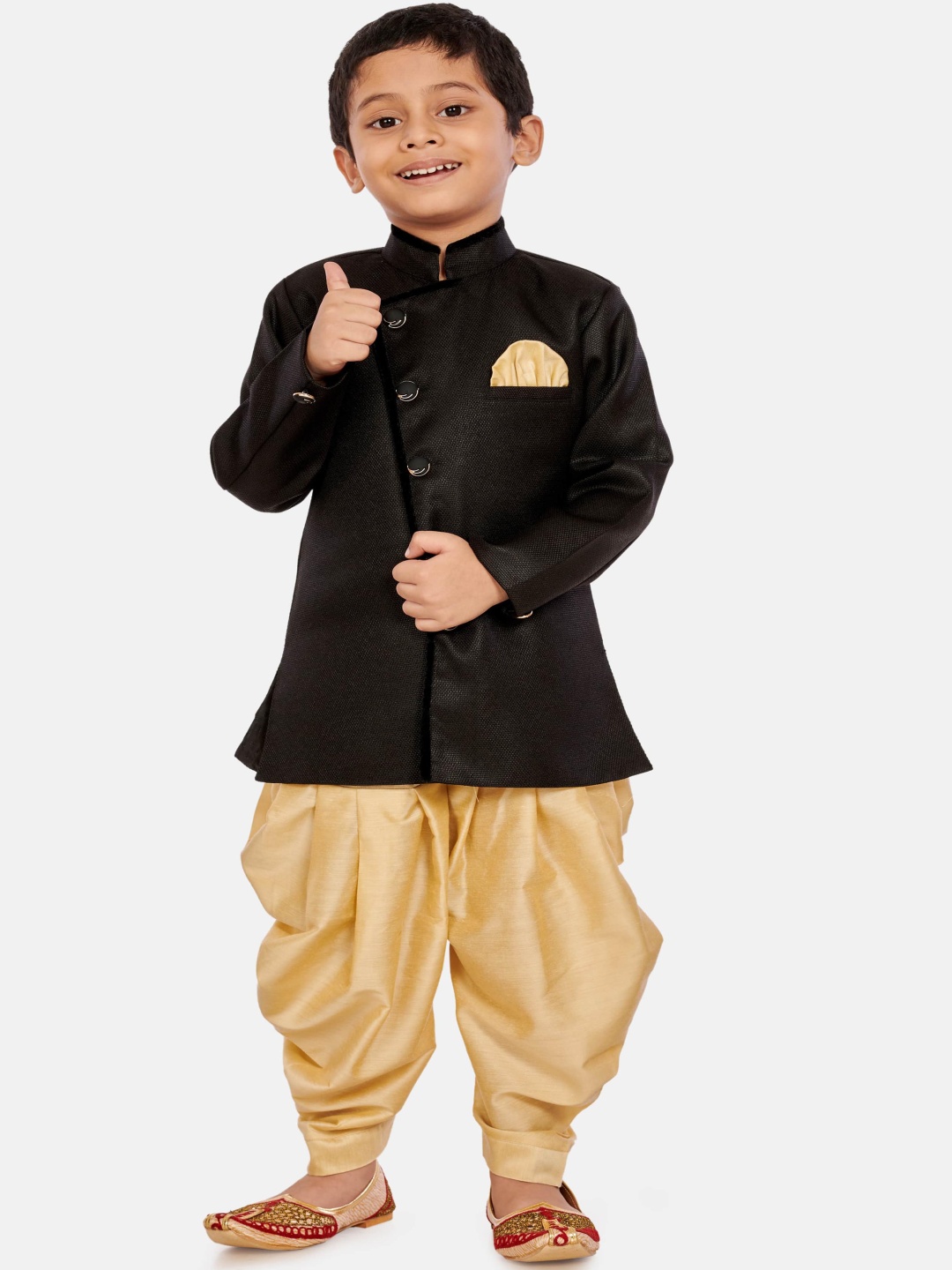 

BAESD Boys Mandarin Collar Woven Design Cotton Silk Sherwani Set, Black
