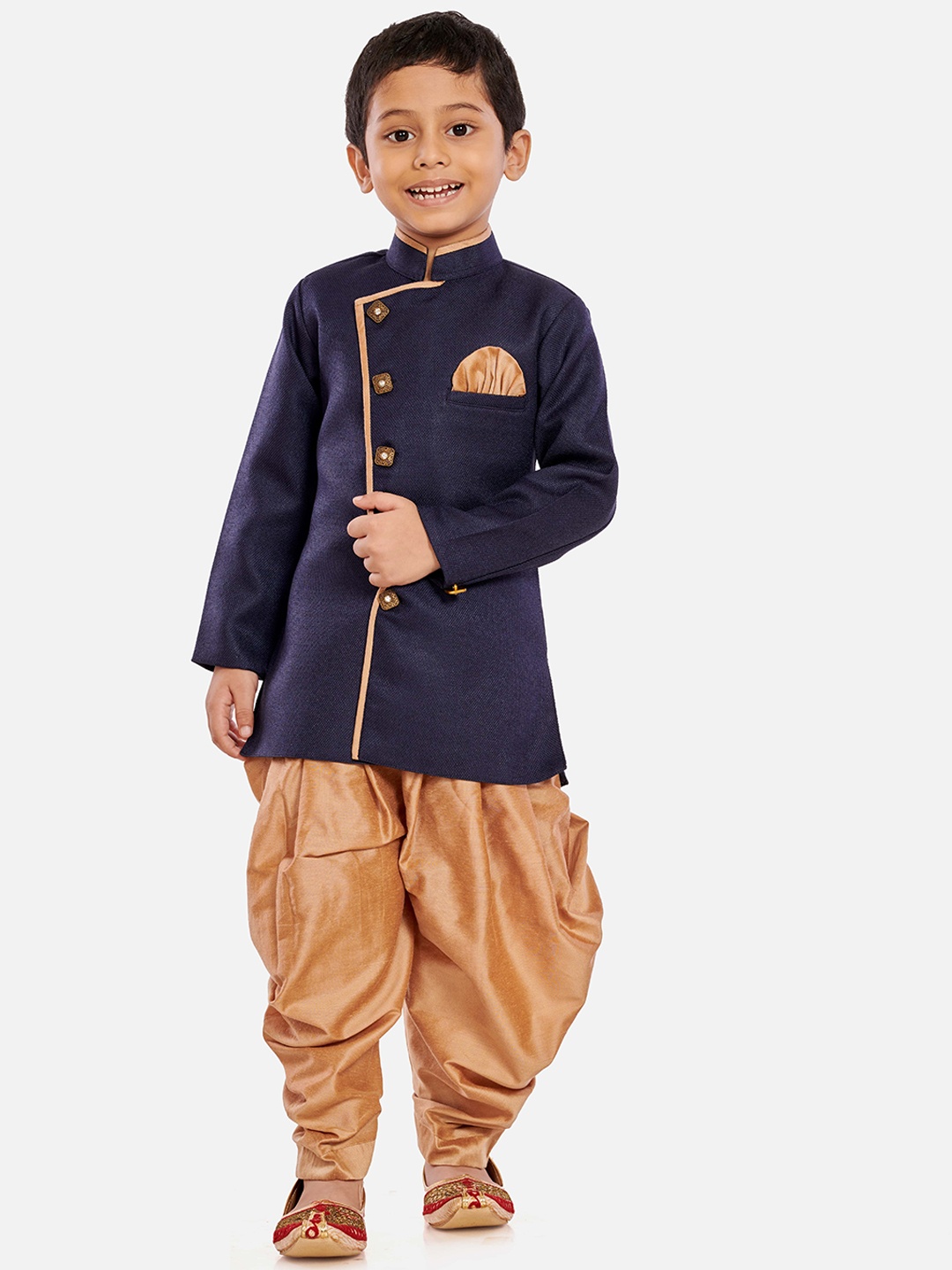 

BAESD Infant Boys Woven-Design Mandarin Collar Sherwani With Dhoti Pant, Navy blue