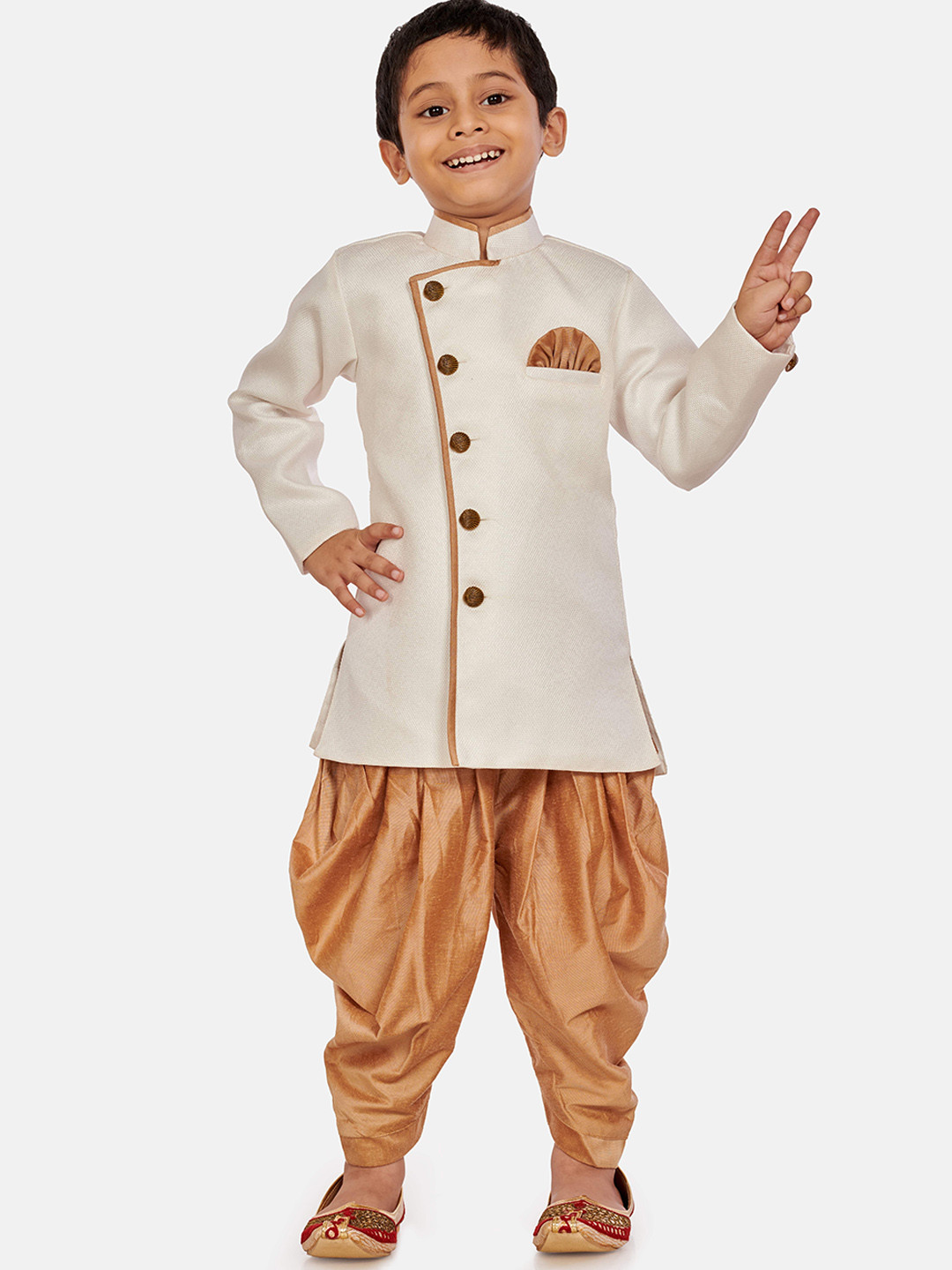 

BAESD Boys Woven-Design Cotton Silk Sherwani Set, White