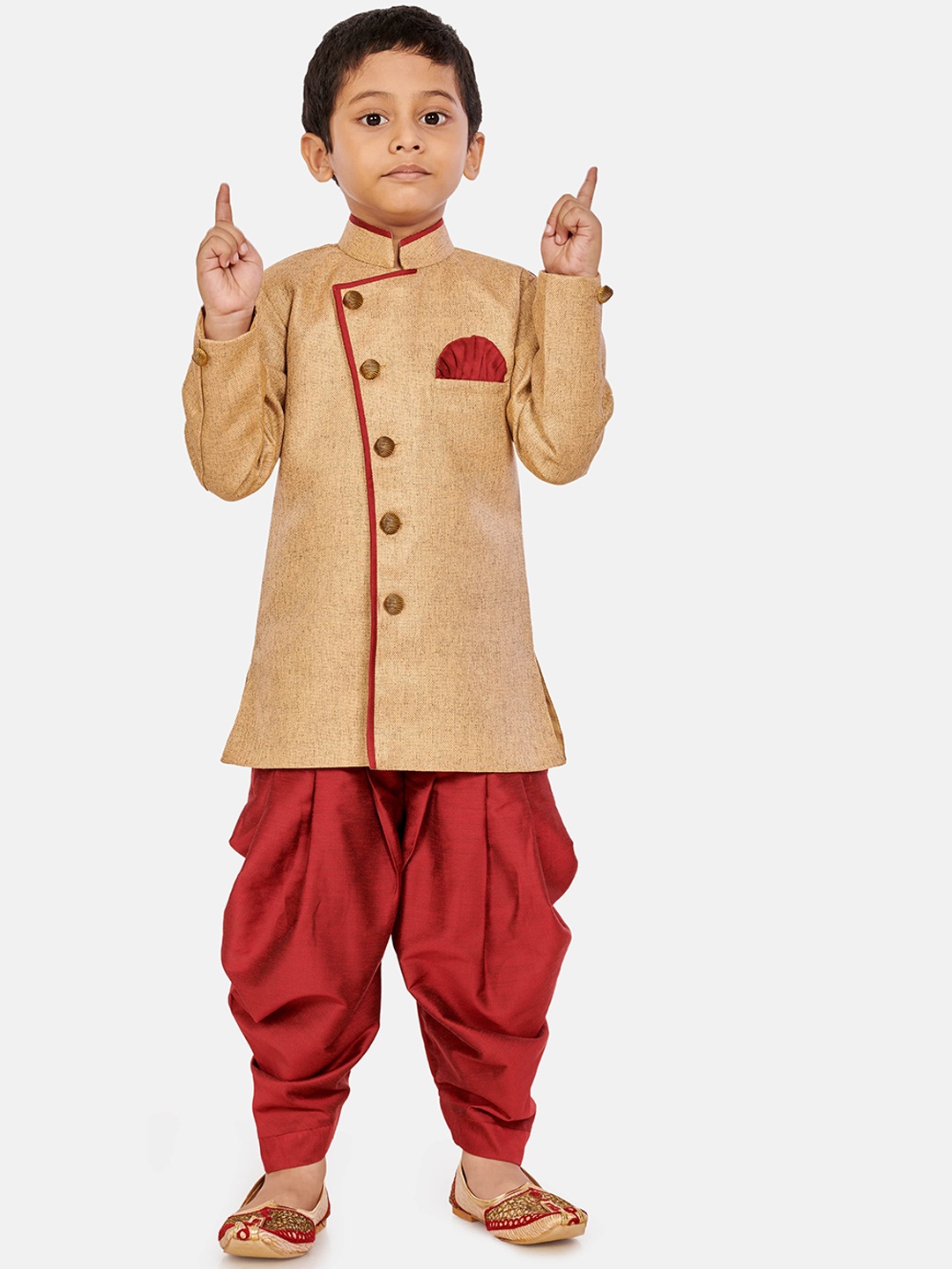 

BAESD Infant Boys Woven-Design Mandarin Collar Sherwani With Dhoti Pant, Brown