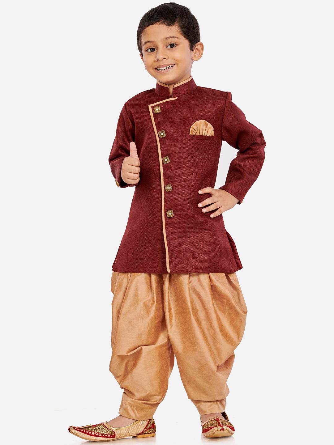 

BAESD Infant Boys Woven-Design Mandarin Collar Sherwani With Dhoti Pant, Maroon