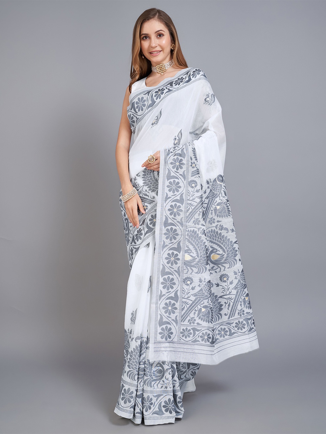

bansari textiles Ethnic Motifs Woven Design Zari Jamdani Saree, Grey