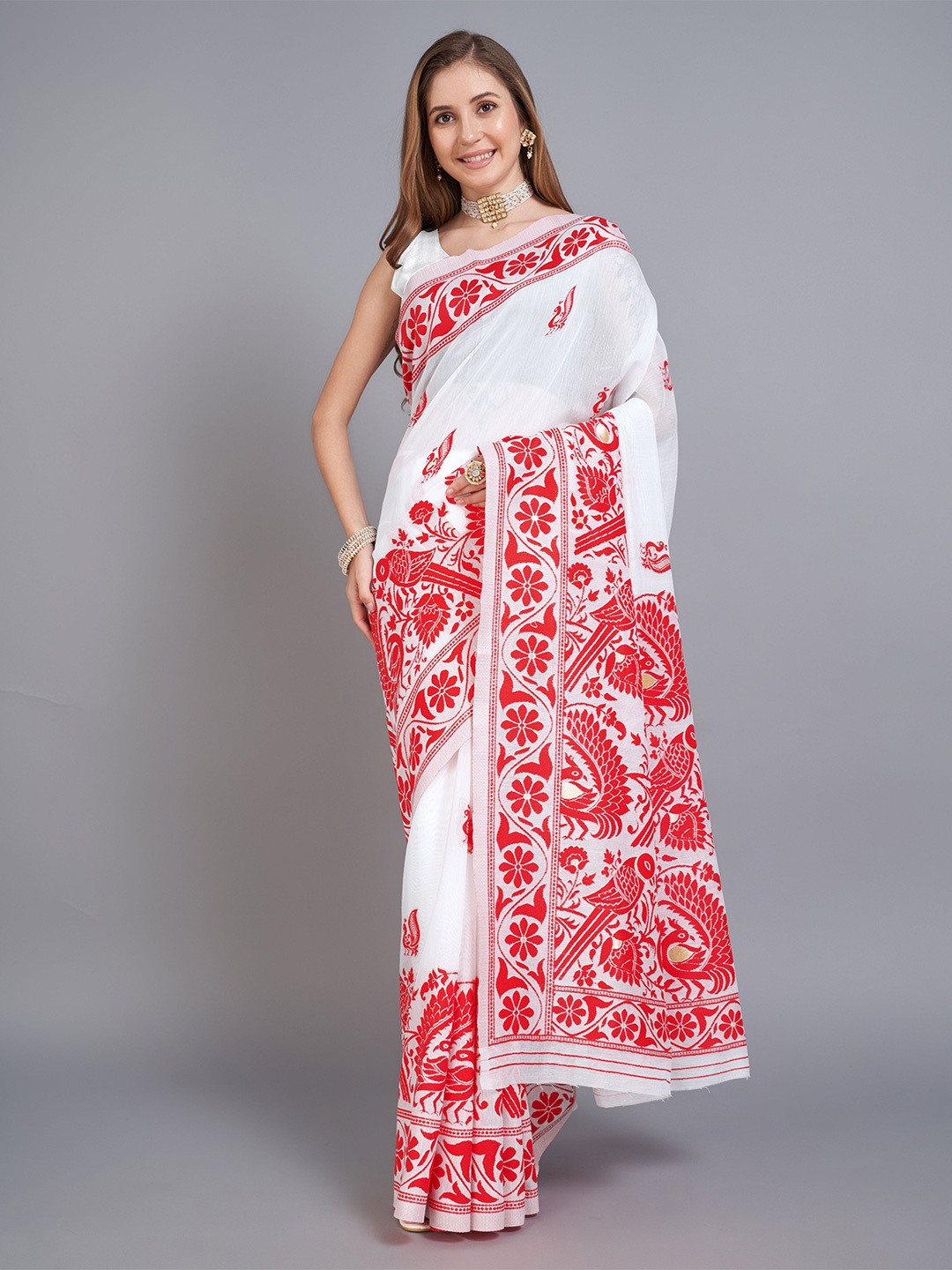 

bansari textiles Ethnic Motifs Woven Design Zari Jamdani Saree, Red