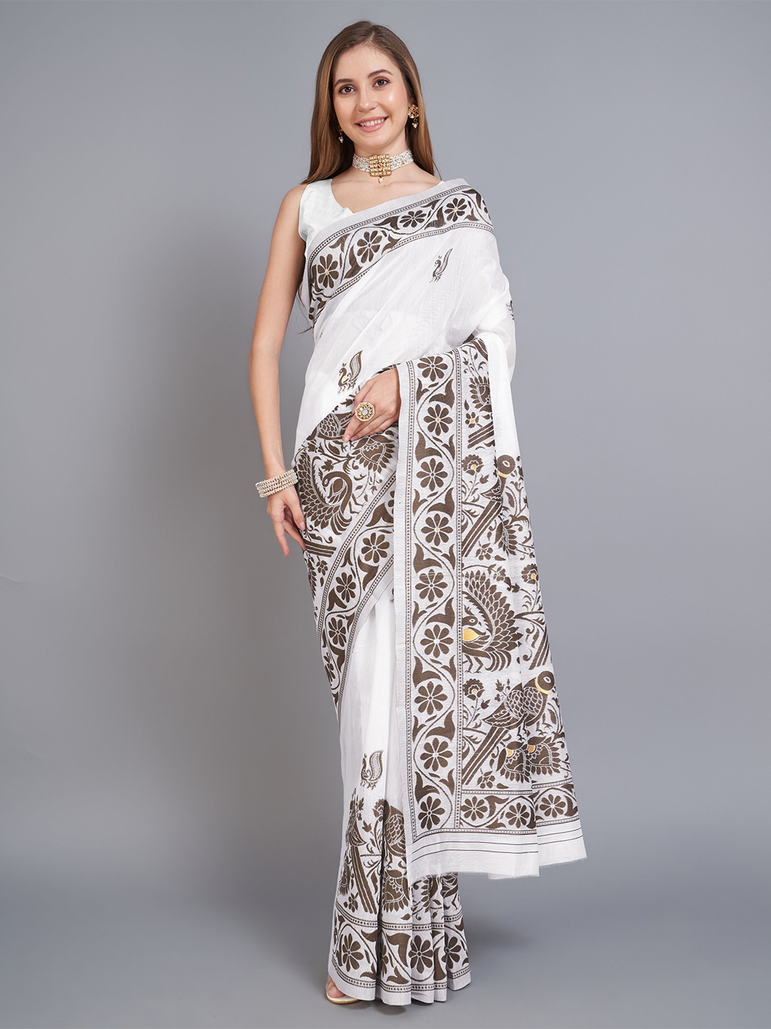 

bansari textiles Ethnic Motifs Woven Design Zari Jamdani Saree, White