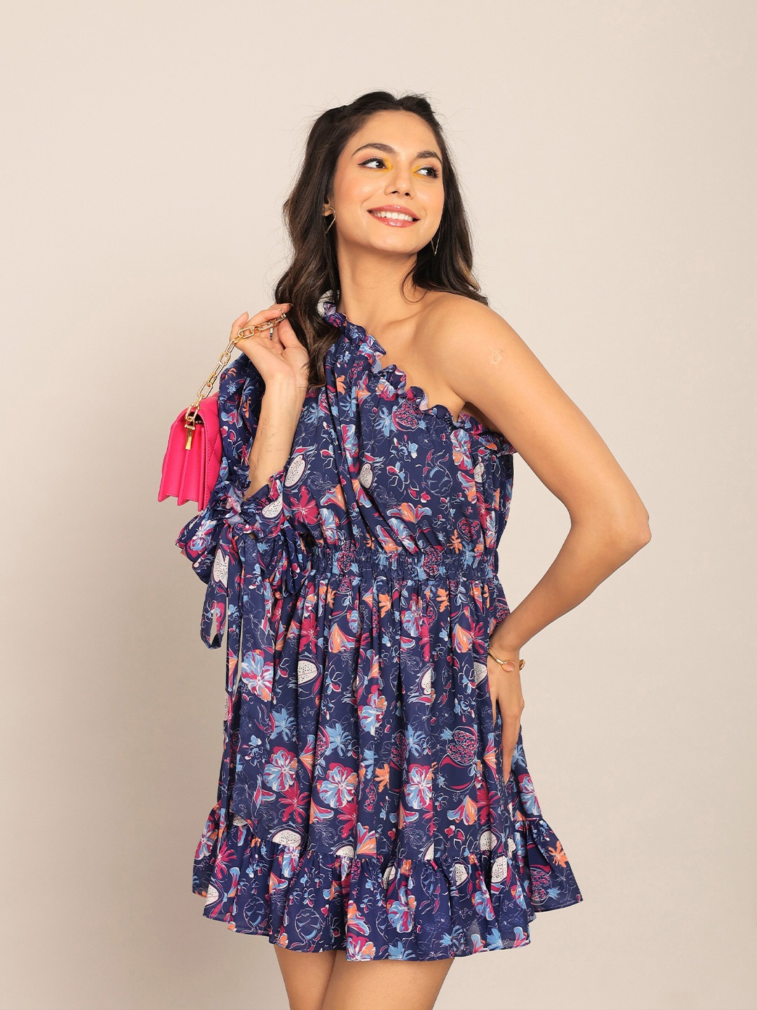 

KAORI BY SHREYA AGARWAL Bliss Floral Print One Sholder Georgette Fit & Flare Dress, Blue