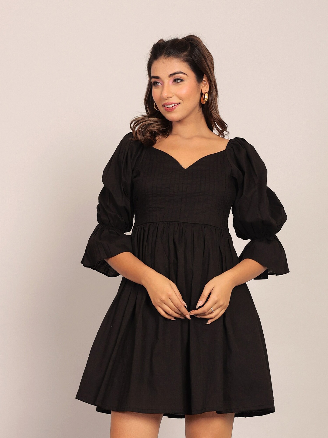 

KAORI BY SHREYA AGARWAL Puff Sleeve Cotton Fit & Flare Mini Dress, Black