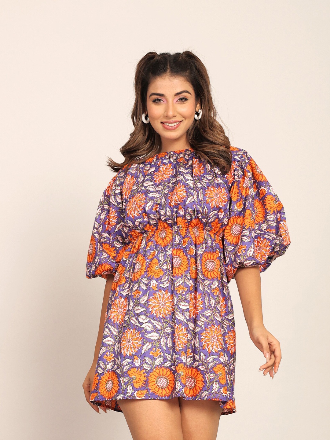 

KAORI BY SHREYA AGARWAL Bliss Floral Printed Puff Sleeves Cotton Fit & Flare Dress, Orange