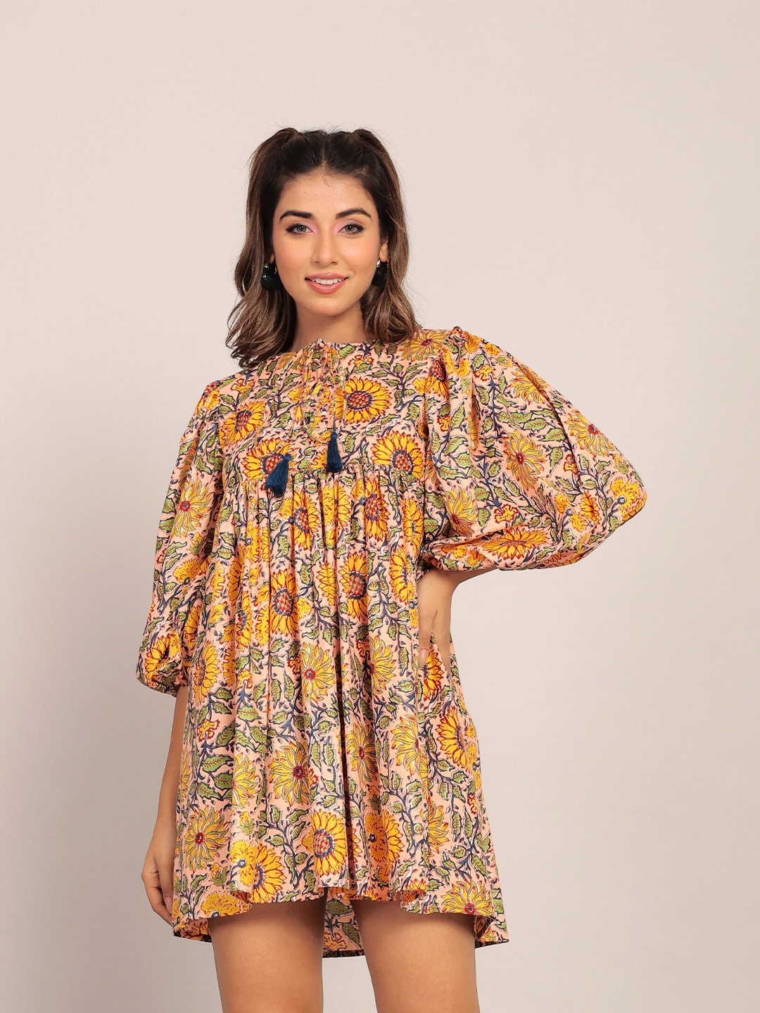 

KAORI BY SHREYA AGARWAL Bliss Floral Print Cotton A-Line Dress, Yellow