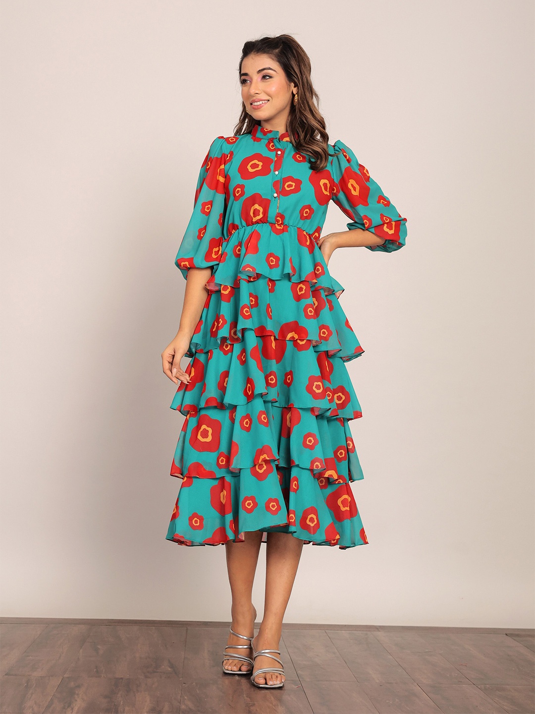 KAORI BY SHREYA AGARWAL Bliss Floral Print Georgette Tiered Midi Dress, Sea green