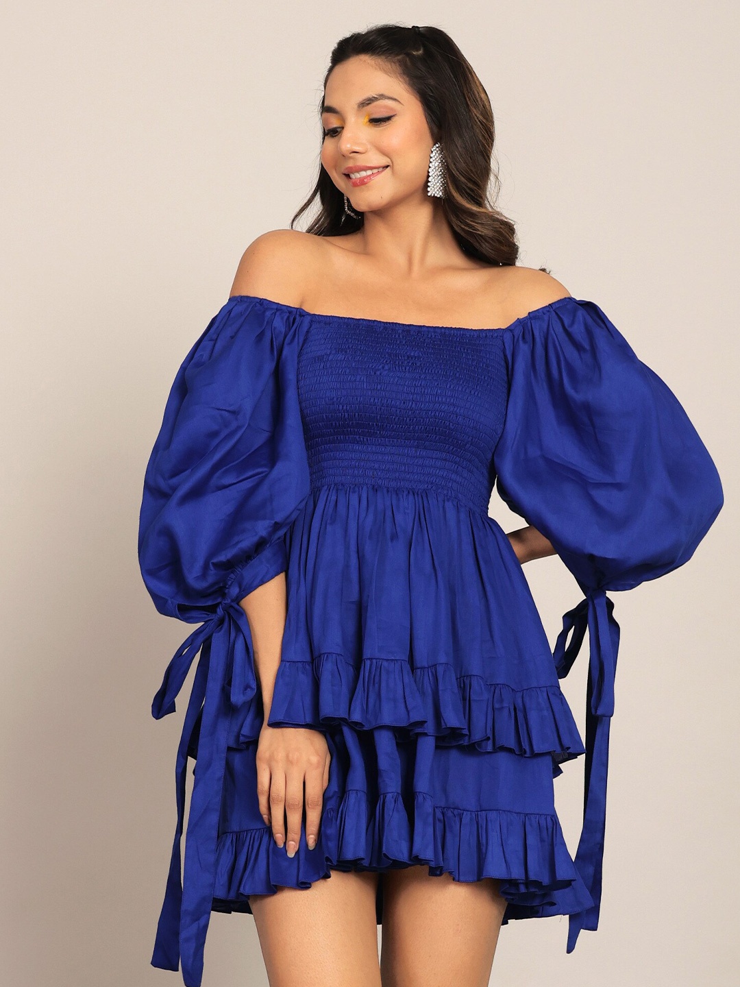 

KAORI BY SHREYA AGARWAL Bliss Off-Shoulder Puff Sleeve Cotton Fit & Flare Mini Dress, Blue