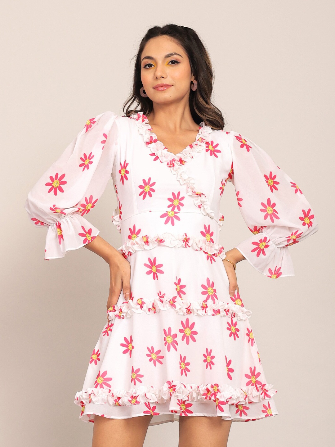 

KAORI BY SHREYA AGARWAL Bliss Floral Print Bell Sleeve Georgette A-Line Dress, White